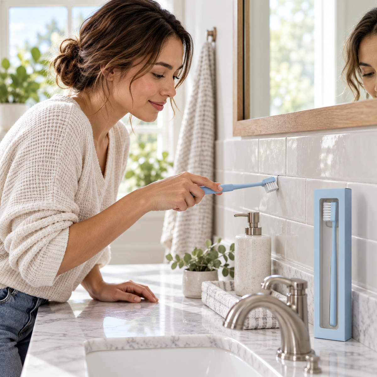 Mist Blue Household Detail Brush with Slim Handle & White Bristles