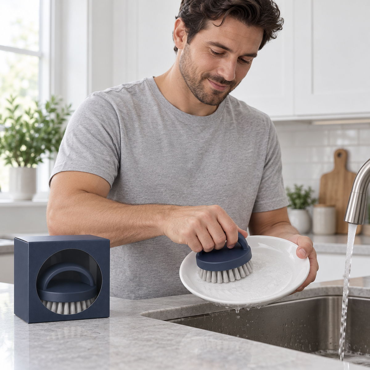Midnight Navy Palm Dish Brush with Arch Handle & Light Gray Bristles