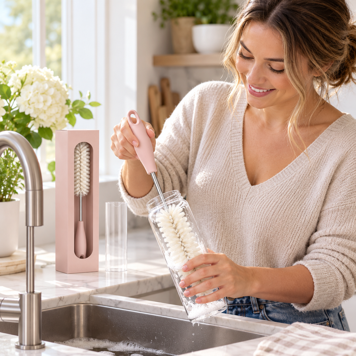 Blush Bottle Brush with Ivory Bristles – Elegant Modern Kitchen Essential