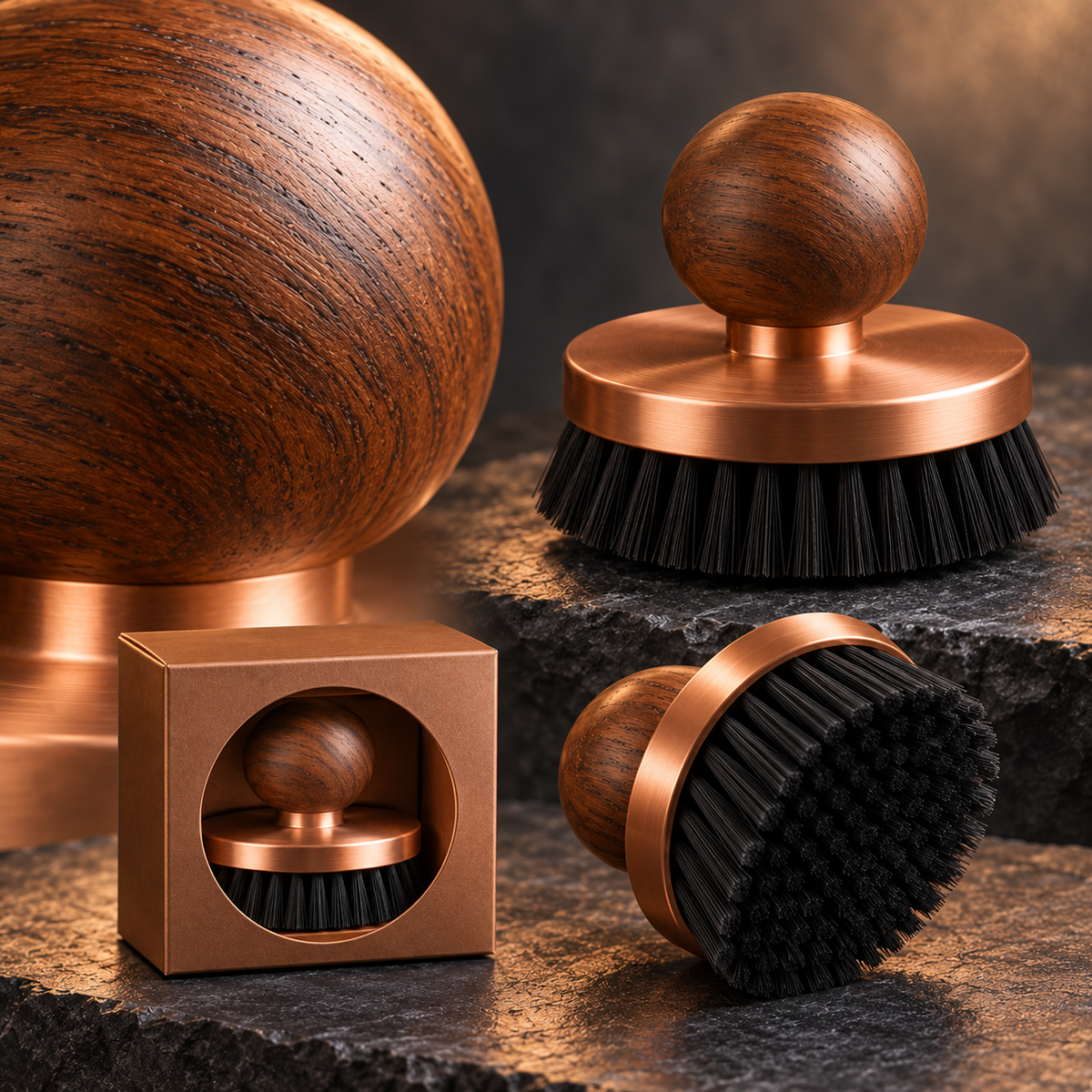 Copper-Tone Round Kitchen Brush with Walnut-Tone Knob & Black Bristles