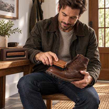 Walnut-Tone Shoe Brush with Grooved Body & Black Bristles