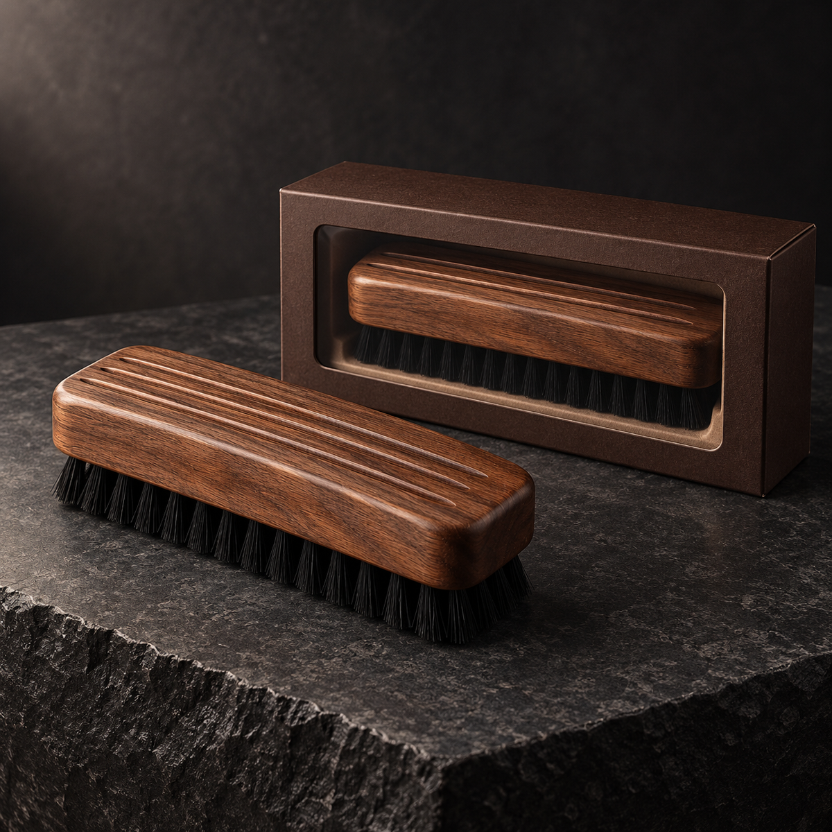 Walnut-Tone Shoe Brush with Grooved Body & Black Bristles