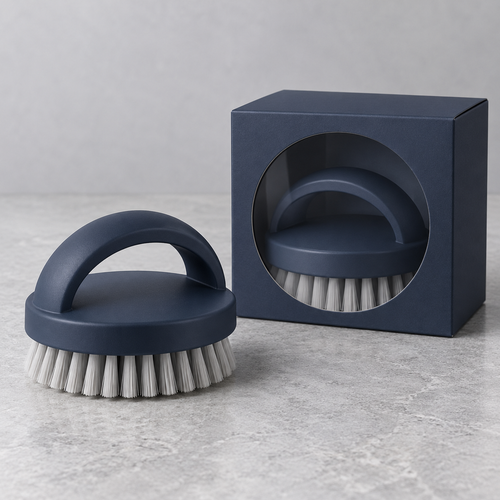 Midnight Navy Palm Dish Brush with Arch Handle & Light Gray Bristles