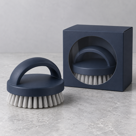 Midnight Navy Palm Dish Brush with Arch Handle & Light Gray Bristles