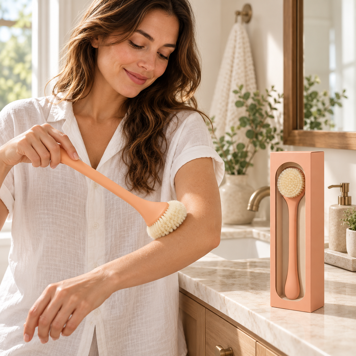 Apricot Long-Handle Bath Brush with Round Head & Ivory Bristles