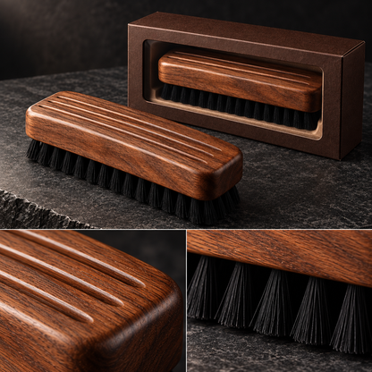 Walnut-Tone Shoe Brush with Grooved Body & Black Bristles