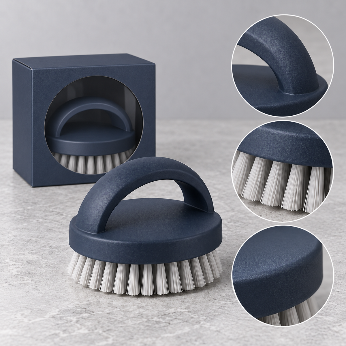 Midnight Navy Palm Dish Brush with Arch Handle & Light Gray Bristles