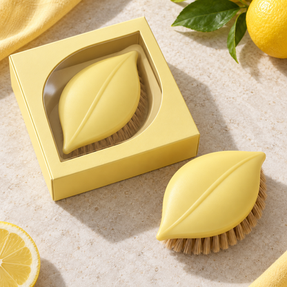Lemon Yellow Leaf-Shaped Vegetable Brush with Tan Bristles
