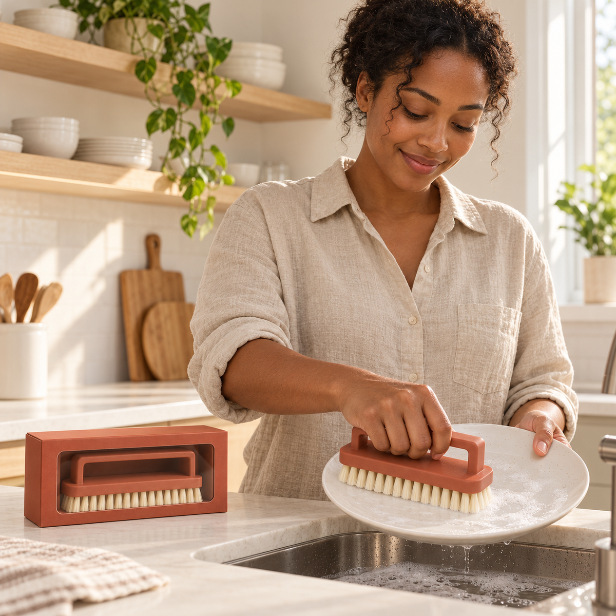 Terracotta Kitchen Brush with Rectangular Frame Handle & Ivory Bristles