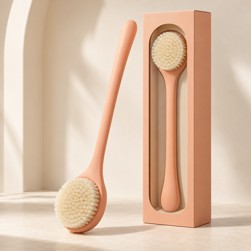 Apricot Long-Handle Bath Brush with Round Head & Ivory Bristles