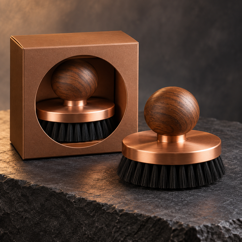 Copper-Tone Round Kitchen Brush with Walnut-Tone Knob & Black Bristles