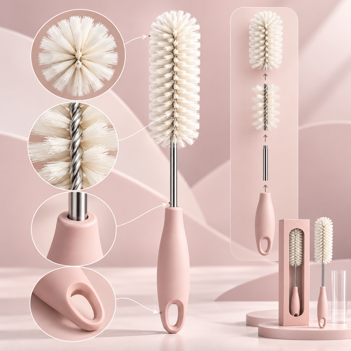 Blush Bottle Brush with Ivory Bristles – Elegant Modern Kitchen Essential
